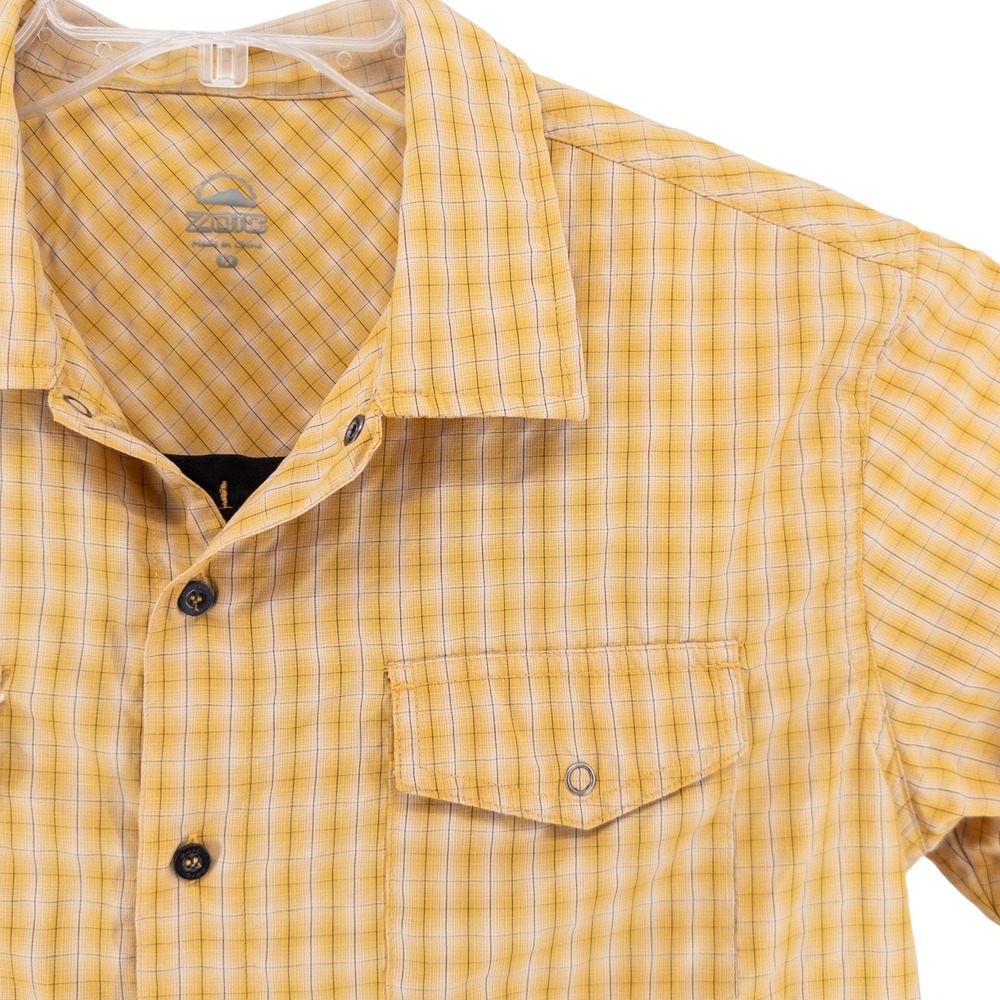 ZOIC Mens Med. Yellow Plaid Short Sleeve Shirt Cycling Snaps Pockets Vented Bike
